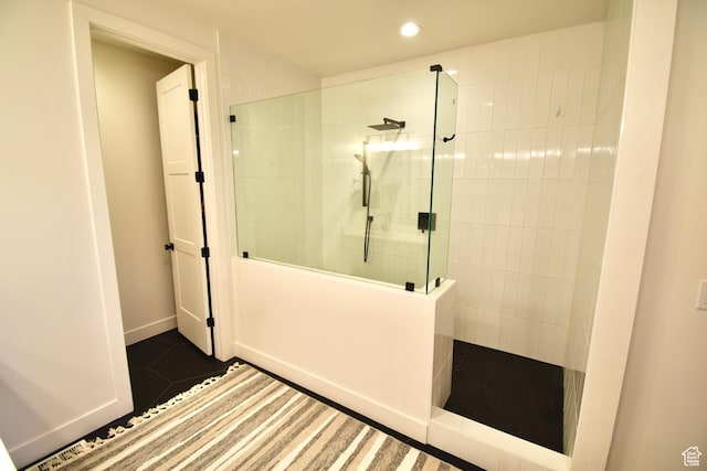 full bathroom with walk in shower, recessed lighting, tile patterned flooring, and baseboards