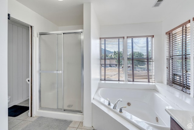105 W 600 S, Manti, UT 84642 - bathroom featuring a shower stall, vanity, visible vents, tile patterned floors, and a jetted tub
