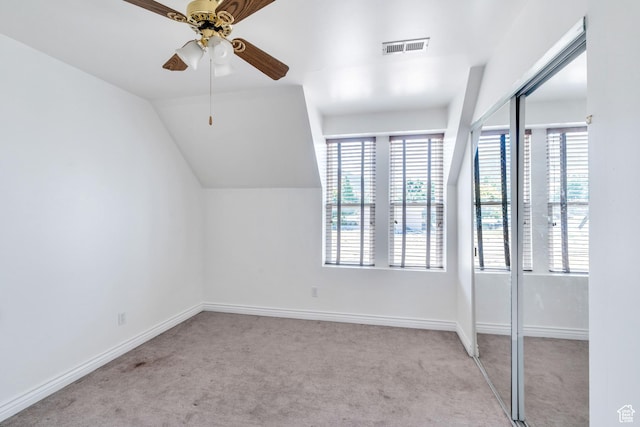 105 W 600 S, Manti, UT 84642 - additional living space featuring ceiling fan, vaulted ceiling, visible vents, carpet flooring, and baseboards
