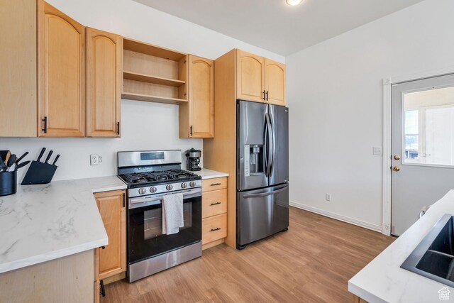 105 W 600 S, Manti, UT 84642 - kitchen featuring baseboards, open shelves, light brown cabinetry, stainless steel appliances, and light wood-style flooring