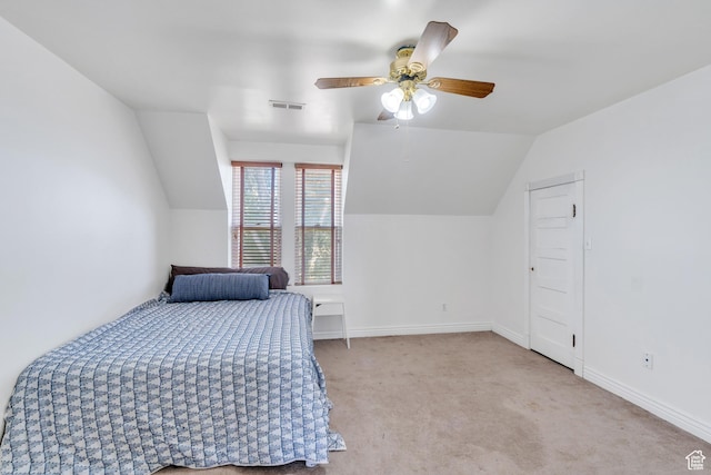105 W 600 S, Manti, UT 84642 - bedroom with a ceiling fan, vaulted ceiling, visible vents, carpet flooring, and baseboards