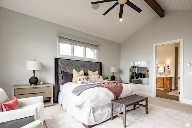 1285 N Oquirrh Mountain Dr, Heber City, UT 84032 - bedroom featuring lofted ceiling with beams, ensuite bath, a ceiling fan, baseboards, and light colored carpet