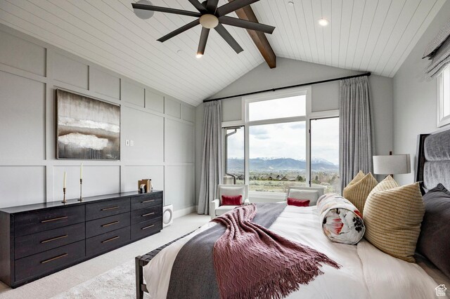 1285 N Oquirrh Mountain Dr, Heber City, UT 84032 - bedroom with carpet flooring, wooden ceiling, lofted ceiling with beams, ceiling fan, and a mountain view