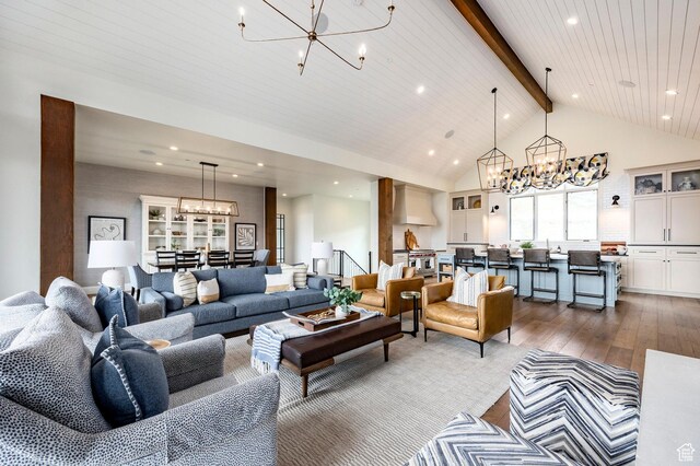 1285 N Oquirrh Mountain Dr, Heber City, UT 84032 - living area with recessed lighting, a chandelier, hardwood / wood-style flooring, beamed ceiling, and high vaulted ceiling