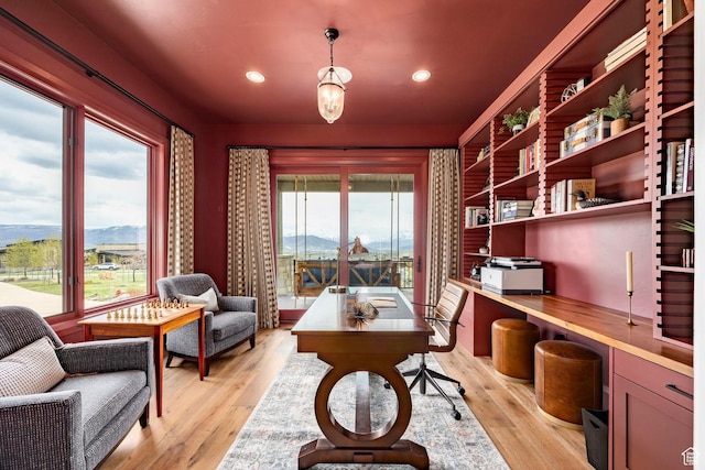 1285 N Oquirrh Mountain Dr, Heber City, UT 84032 - home office with a mountain view, light wood-type flooring, recessed lighting, and built in study area