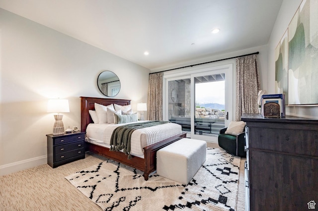 1285 N Oquirrh Mountain Dr, Heber City, UT 84032 - bedroom featuring baseboards, recessed lighting, access to exterior, and light colored carpet