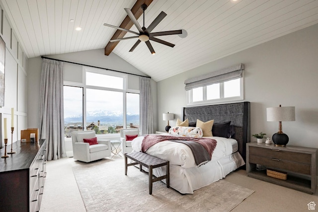 1285 N Oquirrh Mountain Dr, Heber City, UT 84032 - bedroom with a mountain view, vaulted ceiling with beams, light colored carpet, and a fireplace