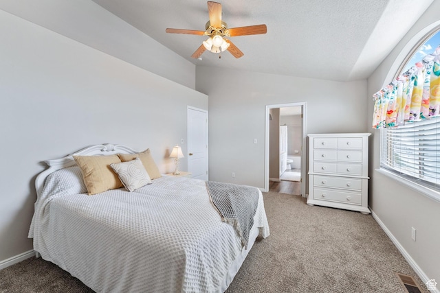 3794 W Morgan Blvd, Cedar Hills, UT 84062 - bedroom featuring a ceiling fan, vaulted ceiling, visible vents, light carpet, and baseboards