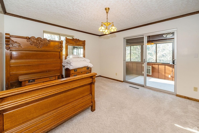 bedroom with access to exterior, a chandelier, light carpet, and baseboards
