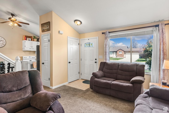 1155 W 2450 N, Layton, UT 84041 - living area with baseboards, vaulted ceiling, light colored carpet, and a ceiling fan