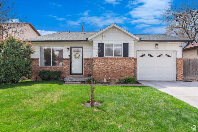 ranch-style home featuring an attached garage, driveway, and brick siding