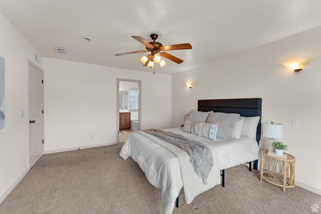 bedroom with ceiling fan, light colored carpet, baseboards, and visible vents