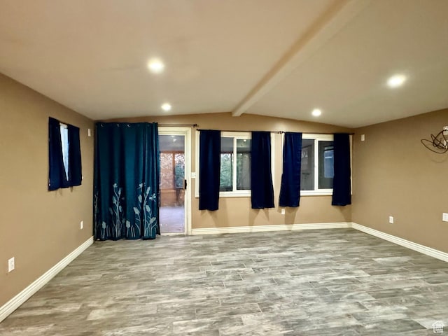 781 N Sherwood Dr, Layton, UT 84041 - unfurnished room with recessed lighting, baseboards, wood finished floors, and lofted ceiling with beams