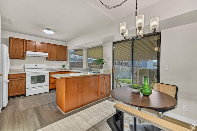 kitchen with white appliances, a peninsula, under cabinet range hood, wood finished floors, and light countertops