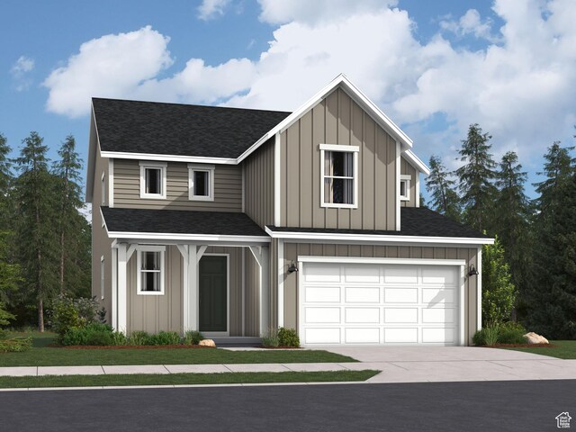 view of front of home featuring a shingled roof, board and batten siding, driveway, and a garage