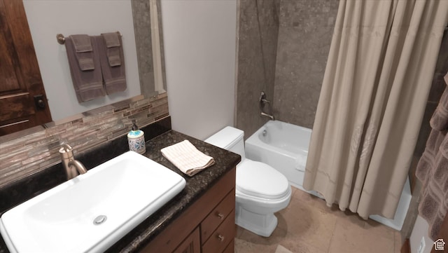 2847 W Amini Way S, Jordan, UT 84095 - bathroom featuring tasteful backsplash, shower / tub combo with curtain, vanity, and toilet