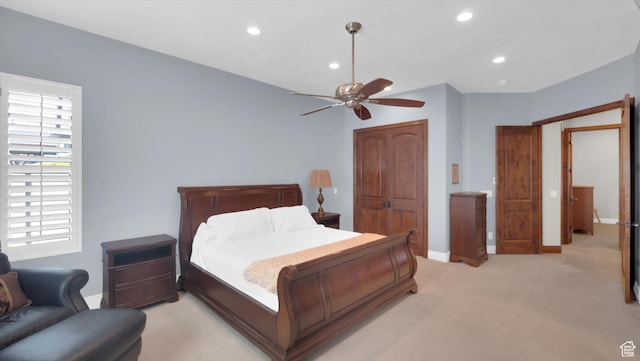 2847 W Amini Way S, Jordan, UT 84095 - bedroom featuring ceiling fan, a closet, recessed lighting, light carpet, and baseboards