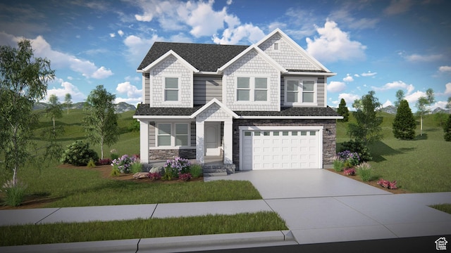 craftsman inspired home featuring an attached garage, driveway, a front yard, and stone siding