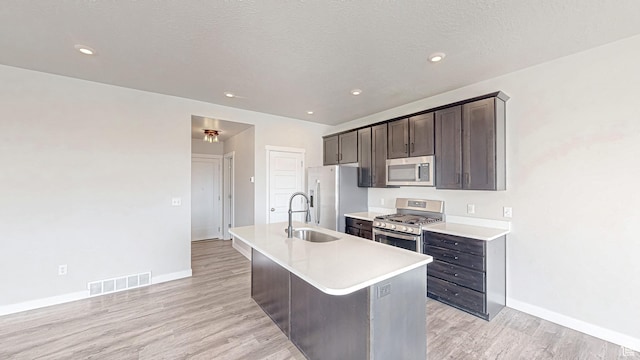 kitchen featuring visible vents, a sink, light countertops, a kitchen island with sink, and stainless steel appliances