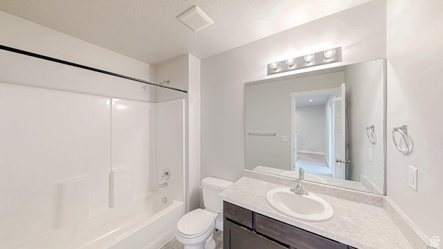 bathroom with visible vents, toilet, a textured ceiling, vanity, and bathing tub / shower combination
