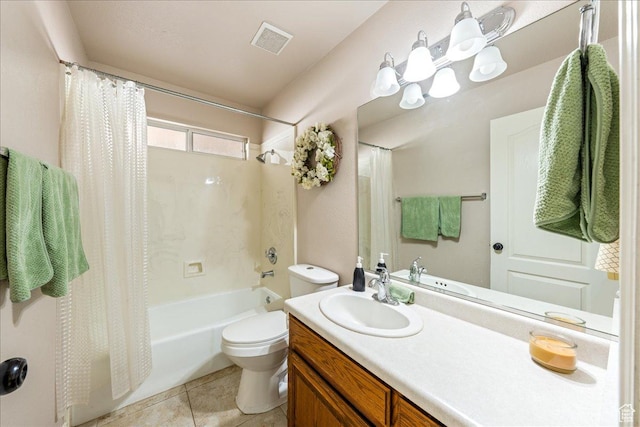 full bath with vanity, shower / bath combo, tile patterned floors, toilet, and visible vents