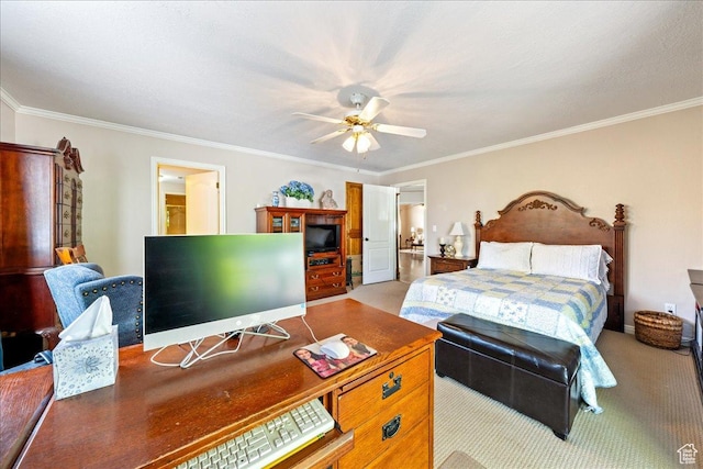 bedroom featuring ensuite bath, light colored carpet, ornamental molding, and a ceiling fan