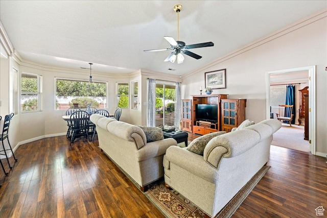 living area featuring dark wood finished floors, lofted ceiling, baseboards, and ceiling fan