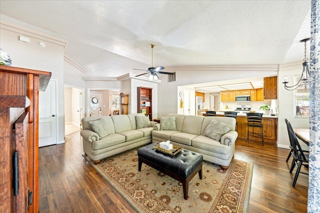 living room featuring visible vents, dark wood-style flooring, a ceiling fan, a textured ceiling, and lofted ceiling