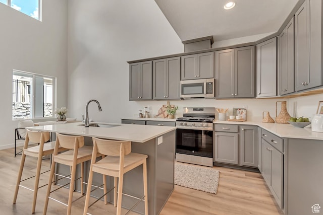 6864 S Static Peak Dr Unit 258, West Jordan, UT 84081 - kitchen with a sink, gray cabinets, light wood finished floors, a high ceiling, and appliances with stainless steel finishes