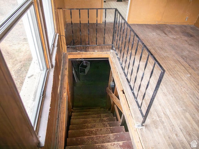 stairway with wood finished floors and a healthy amount of sunlight