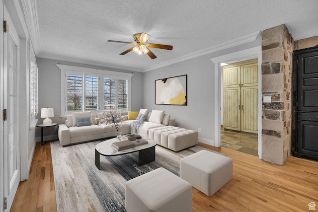 307 E 680 N, Lindon, UT 84042 - living area featuring baseboards, ornamental molding, ceiling fan, light wood-type flooring, and a textured ceiling
