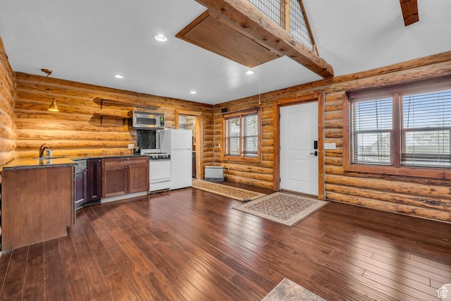 307 E 680 N, Lindon, UT 84042 - kitchen with freestanding refrigerator, dark wood-type flooring, stainless steel microwave, and recessed lighting