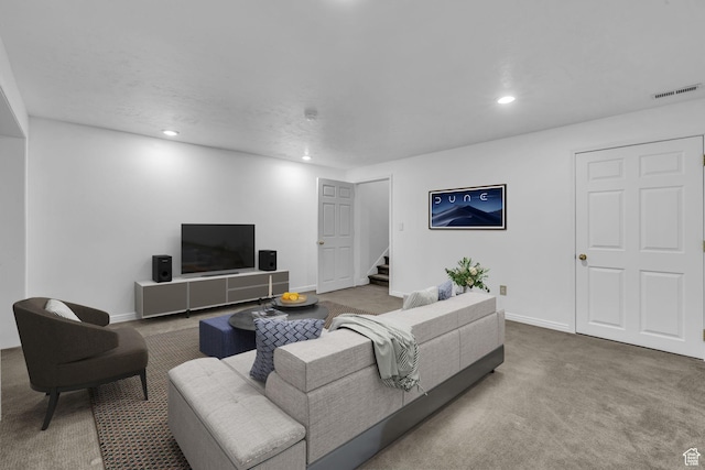 307 E 680 N, Lindon, UT 84042 - living room featuring visible vents, recessed lighting, stairway, carpet flooring, and baseboards