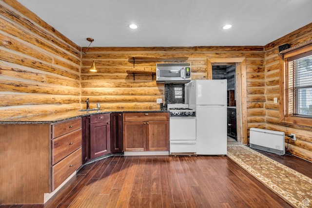 307 E 680 N, Lindon, UT 84042 - kitchen featuring stone countertops, log walls, dark wood-style flooring, recessed lighting, and white appliances
