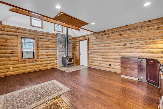 307 E 680 N, Lindon, UT 84042 - unfurnished living room with dark wood-style flooring, a wood stove, recessed lighting, and cooling unit