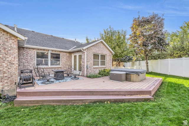 307 E 680 N, Lindon, UT 84042 - wooden deck featuring a covered hot tub, a fenced backyard, and a lawn