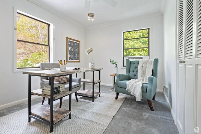 579 E 13th Ave, Salt Lake City, UT 84103 - carpeted office space with crown molding, baseboards, and a ceiling fan