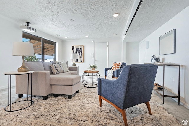 579 E 13th Ave, Salt Lake City, UT 84103 - living room with a textured ceiling, recessed lighting, baseboards, and carpet floors