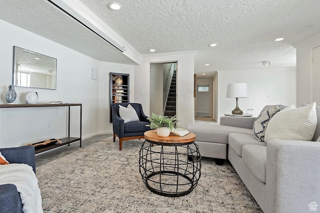 579 E 13th Ave, Salt Lake City, UT 84103 - living room featuring a textured ceiling, recessed lighting, baseboards, and stairs