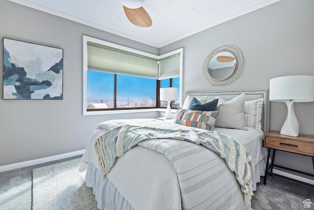 579 E 13th Ave, Salt Lake City, UT 84103 - carpeted bedroom featuring baseboards, ornamental molding, and a ceiling fan