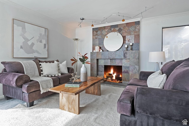 579 E 13th Ave, Salt Lake City, UT 84103 - living area featuring ornamental molding, carpet floors, and a tile fireplace