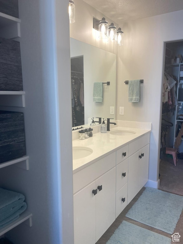 bathroom with a sink, a spacious closet, and double vanity