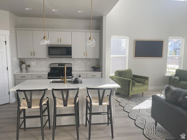 kitchen featuring light wood-style flooring, light countertops, and stainless steel appliances
