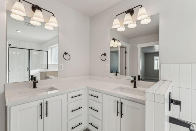 bathroom featuring a shower stall, double vanity, and a sink