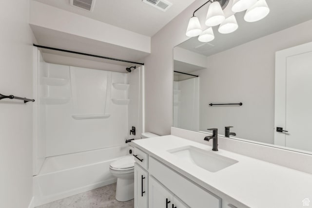 bathroom featuring toilet, vanity, shower / tub combination, and visible vents