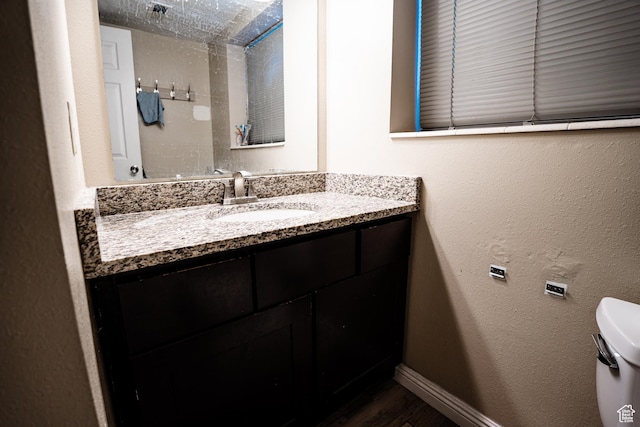bathroom with vanity, baseboards, a textured wall, toilet, and wood finished floors