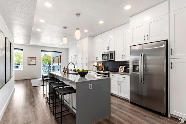 kitchen featuring stainless steel appliances, a kitchen island with sink, white cabinetry, and decorative backsplash