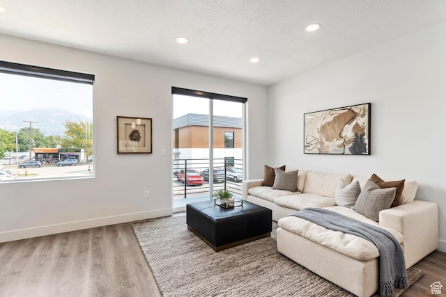 living area with recessed lighting, baseboards, a textured ceiling, and wood finished floors
