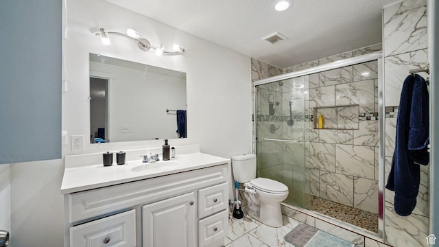 448 S Pegasus Way, Saratoga Springs, UT 84045 - bathroom featuring a shower stall, vanity, visible vents, toilet, and marble finish floor