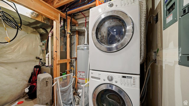 448 S Pegasus Way, Saratoga Springs, UT 84045 - clothes washing area with water heater, stacked washer / dryer, and laundry area